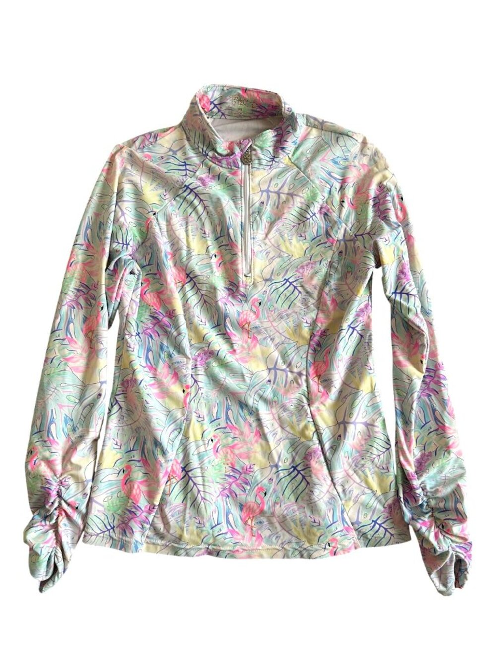 Tzu Tzu Womens Sz Medium Tropical Flamingo Print Long Sleeve Pullover Zip Top